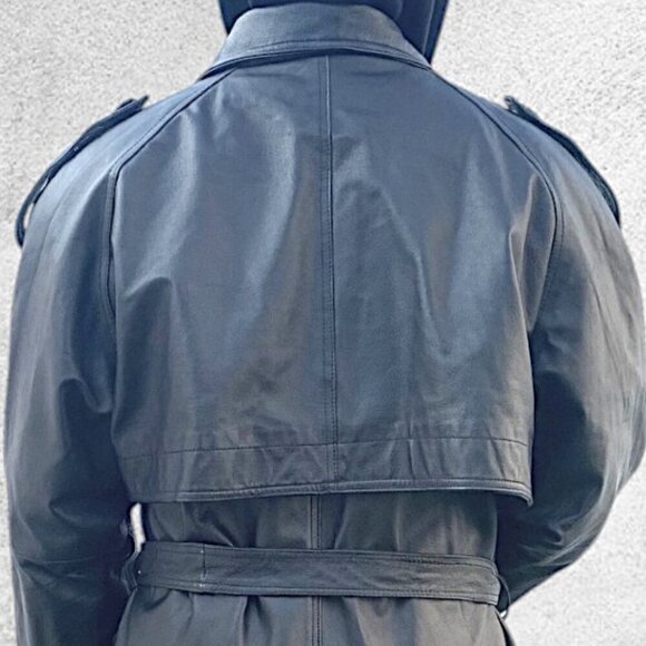 Leather Button Front Belted Trench Coat Men's Black Size XL - Picture 9 of 16